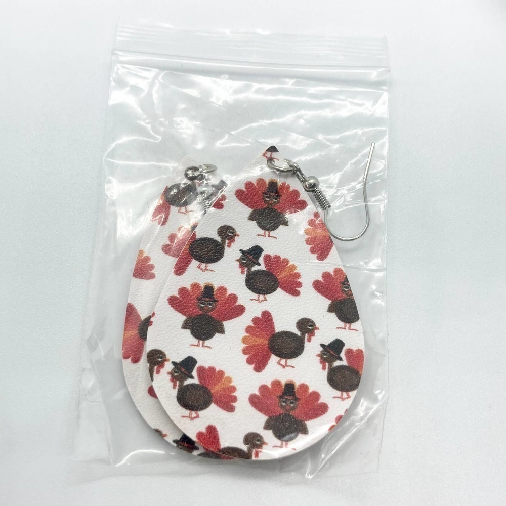 Faux Leather Teardrop Turkey Print Earrings - Picture 5 of 5